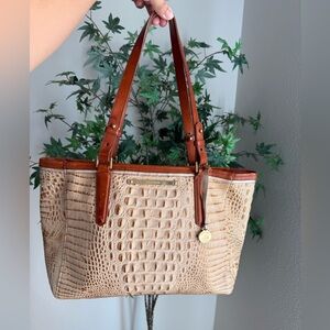 Brahmin Medium Asher Croc Embossed Leather Tote Shoulder Bag Beige + Dust Bag